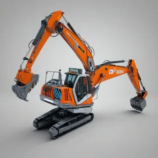 A futuristic, orange construction excavator with metallic accents and neon lights, set against a plain white background, in a wide shot with the entire machine visible, including the tracks and boom, with a sense of dynamic movement and energy, as if it's about to dig into the ground, in a digital art style with bold lines and vibrant colors, on a plain white background, even lighting