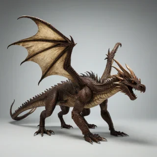 A large, brown dragon with scales and wings, in a full-body view, set against a plain white background, with an industrial style, featuring metallic textures and machinery in the background, with a wide-angle shot, and dramatic lighting with dynamic shadows, on a plain white background, even lighting