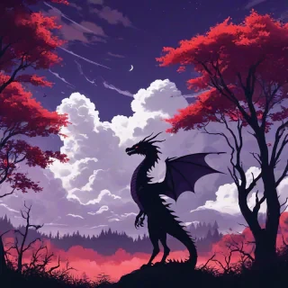 Digital anime art style silhouette of a dragon staring at a beautiful forest with dark purple and vibrant red trees, with beautiful fluffy white clouds above, it's an oddly serene scene
