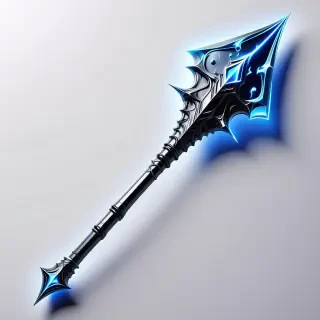 Futuristic halberd with an oversized glowing edge and spike, metallic surface with a neon blue glow, intricate details and engravings, full-body view, wide shot, on a plain white background, digital art style, high contrast, dynamic lighting, sharp focus