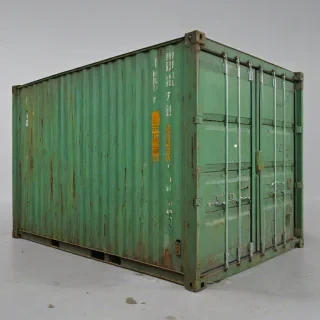 green metal shipping container, worn appearance, some rust, no background, bright lighting, full body visible, on a plain white background, even lighting