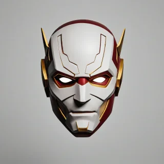 A DC comics-style Flash mask, isolated on a plain white background with even lighting, with a predominantly red color scheme and golden accents