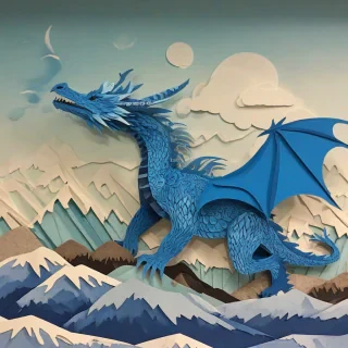 Paper cutout art of a blue dragon flying high over mountains