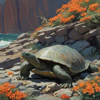 Syd Mead art style close-up of a turtle made of rocks and flowers