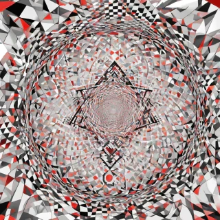 A mesmerizing optical illusion featuring a combination of geometric shapes, including triangles, circles, and squares, in a wide-angle view, with vibrant colors and dynamic shadows, on a plain white background, in a digital art style, with a sense of depth and dimensionality, full-body view, with intricate details and patterns, feet visible, in a surreal and futuristic setting