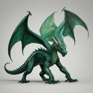 A majestic, Emerald green dragon with grunge-inspired, metallic scales, standing in a powerful pose, full-body view, on a plain white background, with a wide-angle shot, and dramatic, dynamic shadows, in a digital art style