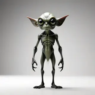 goblin-like alien with broad chest, standing upright with big eyes and ears. long slender arms and thin legs
