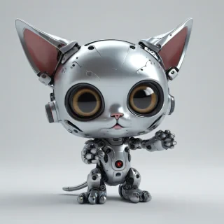 3d cartoon animation, metal colored, cute robotic baby kitten, big eyes, short body, rounded features, tiny nose, showing the mechanics of the kitten's insides, on a plain white background, even lighting