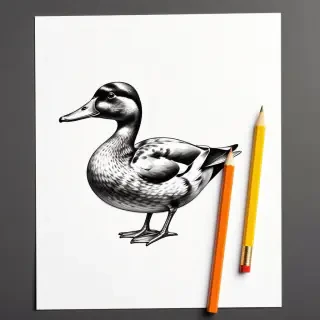 A sheet of paper with a yellow pencil next to it. Drawn on the paper is a roughly sketched duck