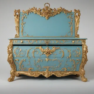 A highly ornate, Azure colored, Rococo style chest, with intricate carvings and gold accents, in a wide shot, with the chest centered on a plain white background, with soft, warm lighting and a slight sheen to the finish, on a plain white background, even lighting, on a plain white background, even lighting 