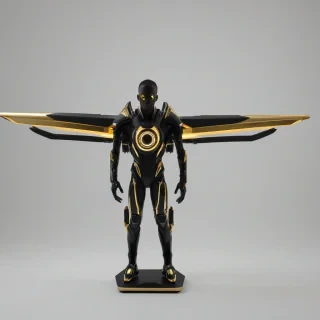 a futuristic gadget with sleek black metallic surfaces, intricate golden accents, and a mesmerizing glow, set against a plain white background, in the style of Afrofuturism, with a wide shot and full-body view of the gadget, incorporating elements of science fiction and African culture, with a sense of innovation and technological advancement
