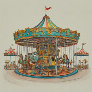 cartoon, hand-drawn, carousel, colorful, on a plain white background, even lighting