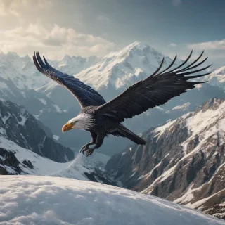 Photo realistic style of a mythical bird flying over snowy capped mountains