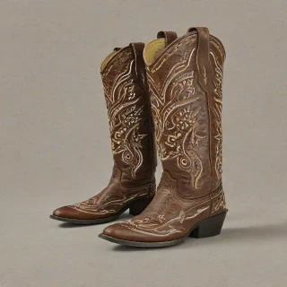 brown cowboy boots, with intricate stitching detail, bright lighting, on a plain white background, even lighting
