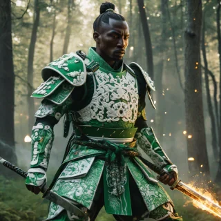 A futuristic photorealistic African samurai warrior in full porcelain-patterned green and white armor, blending traditional Japanese aesthetics with modern streetwear textures. He holds a katana with flames engulfing its blade under dramatic cinematic green lighting, with fire sparks, striking a dynamic battle-ready pose in a forest setting. The design features intricate floral and landscape motifs, giving the armor a ceramic art vibe while maintaining fierce functionality.
