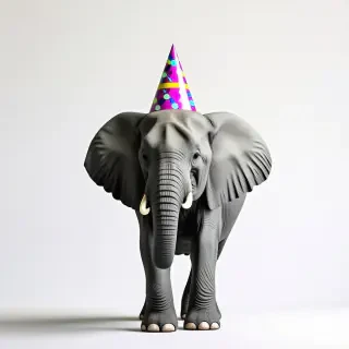 Elephant wearing a party hat