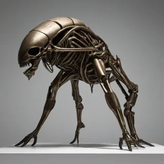 A large, alien parasite with a bronze exoskeleton, showcasing brutalism architectural elements, with a full-body view, on a plain white background, with dramatic lighting and dynamic shadows, in a wide-angle shot, with a focus on texture and detail, on a plain white background, even lighting 