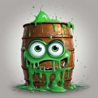 hand-drawn cartoon of a rusted 50-gallon metal barrel with green goo flowing out of it, big eyes, happy expression, bright, even lighting, on a plain white background, on a plain white background, even lighting