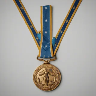 A gold medal of honor, full-body view, on a plain white background, with a wide shot, detailed texture, and intricate design, including a ribbon and a pendant, in a realistic style, with high levels of detail and realism, and accurate proportions, with the medal being the main focus of the image, on a plain white background, even lighting 