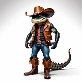 An anthropomorphic gila monster wearing chaps, cowboy boots, a leather vest, and a cowboy hat