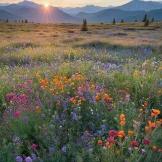 Mountain prairie wildflowers, jewel color scheme, impressionist style, with mountains in the background, sun setting behind the mountains, on a plain white background, even lighting