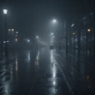 A dark and moody street scene at night with cloudy and rainy weather, street lights reflecting off the wet pavement, capturing the full width of the street in a wide shot, with a focus on the atmospheric lighting and misty rain, in a cinematic and dramatic style, with deep blues and greys dominating the color palette