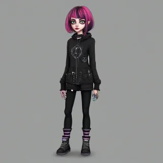 Hand drawn gothic cartoon style female character with different colored hair, and vivid colored clothing, large eyes, exaggerated body proportions, fun and mischievous look to character, full body visible, on a plain white background, even lighting