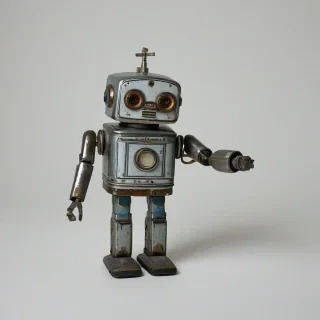 vintage metal wind up robot, on a plain white background, even lighting