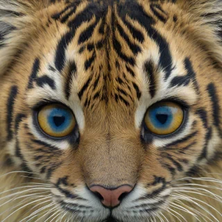 Deep blue fur, with a soft, almost velvety texture that subtly reflects light in shadows.
Along the back and flanks are faint, darker blue stripes, reminiscent of traditional tiger stripes but distorted and playful in shape.
Large, round eyes with a golden-yellow hue in the iris, fading to a lighter amber around the pupils, giving them a glossy, almost wet look.
The pupils are oval and contrast sharply with the bright iris, creating an expressive, slightly comical gaze.
The face features a wide, friendly grin, with small, sharp white teeth occasionally visible during silly expressions.
Ears are small and rounded, darker blue on the outside, with a soft light blue or purplish inner ear.
The nose is shiny black, with a subtle light-blue highlight along the bridge, adding a magical touch.
His legs are sturdy and muscular, with dark blue claws that glint when he moves.
The underside of the paws and belly is slightly lighter blue, almost pastel, creating a gradient from bottom to top.
The long, graceful tail is thick at the base, tapering to a point, with a gentle curl and a few darker blue stripes along its length.
Around the eyes and mouth are small pale yellow markings that accentuate expressions and add a playful effect.
Fine sparkles cover parts of the body, making the fur appear to shimmer magically in dim or shadowy scenes.
Overall, his appearance is cartoonish yet powerful: expressive, comical, mystical, and visually striking., on a plain white background, even lighting