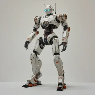 Bauhaus style painting of a full-body view of a futuristic robot on a plain white background
