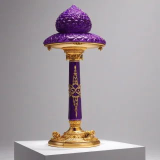 A majestic, glowing purple magical artifact, with intricate golden details, resting on a pedestal, in a wide shot, full-body view, with a plain white background, contemporary style, high contrast, and dynamic shadows, on a plain white background, even lighting 