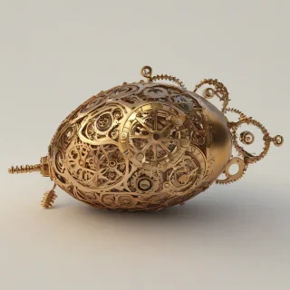 A steampunk-themed olive fruit, with intricate brass gears and copper filigree embedded in its skin, set against a plain white background, in a wide shot with the entire olive visible, with a soft, warm backlight and dynamic shadows, in the style of a highly detailed digital illustration, on a plain white background, even lighting