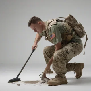 American military soldier on his knees cleaning the floor, he is cleaning the floor with a rag, ultra realistic us soldier cleaning the floor, he is doing the action of cleaning, ultra realistic, 4HD, on a plain white background, even lighting