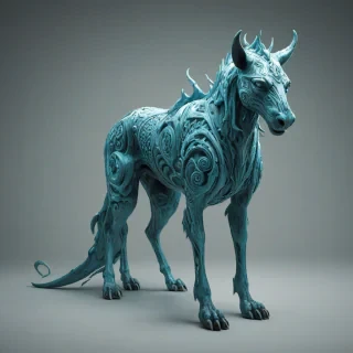 A full-body view of a majestic, cyan-colored quadruped with intricate, mystical markings, set against a plain white background, in a dark fantasy style with dramatic lighting and shadows, with a sense of mystery and power, wide shot, feet visible, digital art style, on a plain white background, even lighting