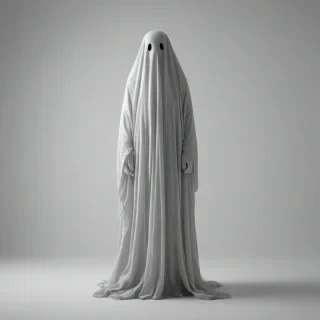 A ghost, rendered in charcoal style, with a minimalist approach, set against a plain white background, in a wide shot with the ghost's full body visible, incorporating subtle shading and delicate lines to convey an eerie yet serene atmosphere, on a plain white background, even lighting