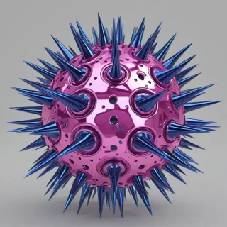 pink metallic sphere with metallic blue spikes, on a plain white background, even lighting