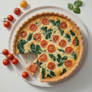 A delicious quiche with a golden brown crust, filled with fresh tomatoes and spinach, and melted cheese, in a wide shot, on a plain white background, with natural lighting, digital art style, on a plain white background, even lighting 