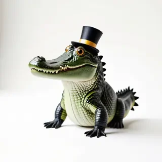 A crocodile that is smiling and has googley eyes and a tiny top hat