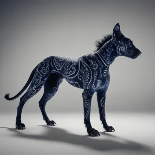 A Navy blue, Gothic styled quadruped with intricate, mystical patterns etched into its fur, standing in a wide shot with its feet visible, on a plain white background, with a dramatic, high-contrast lighting and dynamic shadows, in the style of a dark, expressionist digital illustration