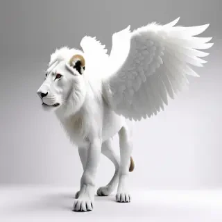A white lion with white angel wings on its back.