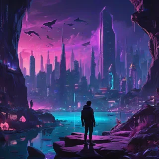 A vibrant futuristic cyberpunk cityscape at night, nestled within a rocky, cave-like environment, overlooking a glowing bioluminescent lake filled with colorful fish and sharks. The city features towering skyscrapers with glowing neon lights in shades of purple and blue, and intricate architectural details. A lone figure stands on a rock in the foreground, silhouetted against the vibrant scene. The overall style is fantastical and highly detailed, with a sense of wonder and mystery