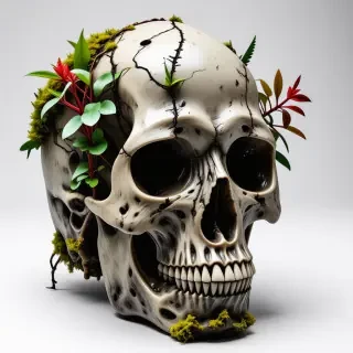 an old skull covered with moss and plants