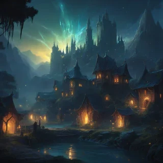 Marc Simonetti style fantasy scene with glowing magic wisps at night