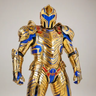 A vibrant, gold piece of armor, in the style of pop art, with bold lines, bright colors, and a dynamic composition, full-body view, on a plain white background, with a wide-angle shot, and dramatic lighting.