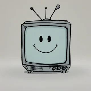 Cartoon, hand-drawn television, with a smiley face on the screen, on a plain white background, even lighting
