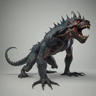 A large hulking quadrupedal monster with large claws and sharp fangs and a long tail, in a wide shot, full-body view, with its feet visible, on a plain white background, with a dark and ominous atmosphere, and a sense of foreboding, in a fantasy art style with bold lines and vibrant colors, on a plain white background, even lighting 