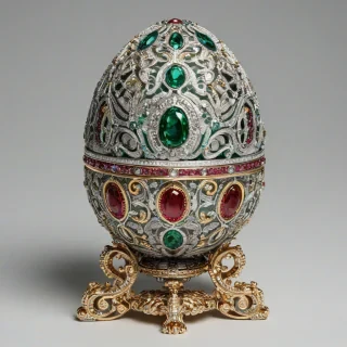 A highly detailed, ornate Fabergé egg, full-body view, with intricate gold and silver filigree, adorned with precious gems, including diamonds, rubies, and emeralds, on a plain white background, in a wide shot, with soft, warm lighting, and a slight sheen to the egg's surface, in the style of a realistic, high-end jewelry photograph, on a plain white background, even lighting