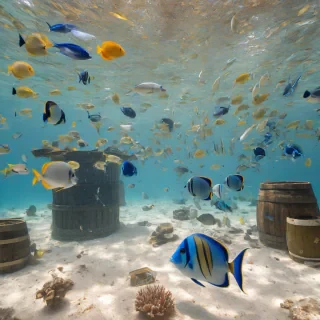A vibrant underwater scene with a variety of fish, including blue tang and angelfish, swimming among coral reefs, with plastic bags, discarded fishing nets, old barrels and other trash scattered throughout the ocean floor, in a wide shot with a soft, warm light and a sense of movement in the water, on a plain white background, full-body view of the fish and trash