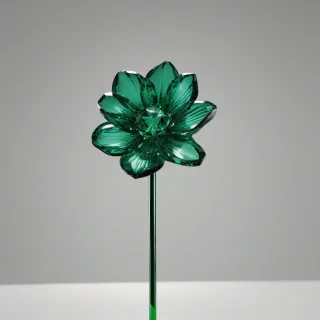 A highly detailed, photorealistic, wide shot of a single, full-body view, emerald green crystal flower with delicate, intricate petals and a sturdy, sparkling stem, set against a plain white background, with soft, natural lighting and subtle shadows to accentuate its crystalline structure, on a plain white background, even lighting 