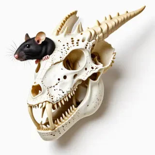 A dragon skull with a rat coming of the left eye socket